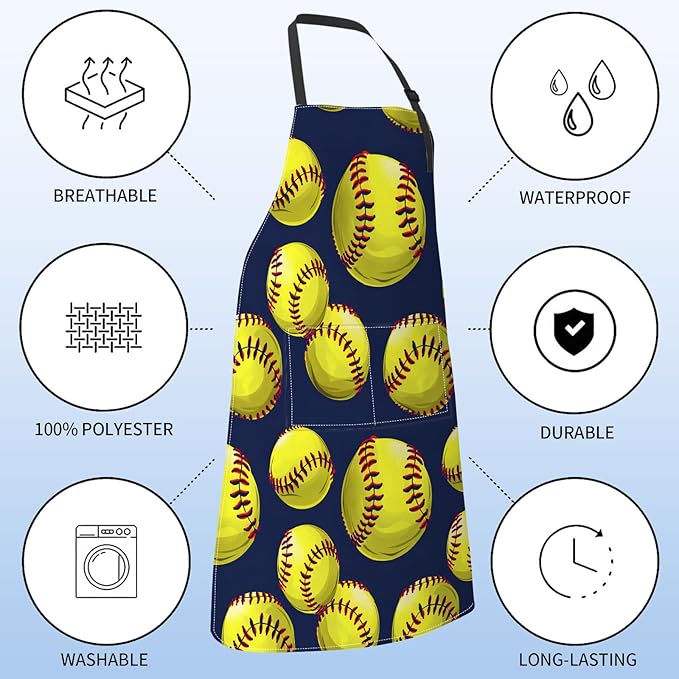 Softball Apron for Women with Yellow Softballs,28x33in,Sport Kitchen Aprons with 2 Pockets,Oxford Fabric,Navy Blue Adjustable Apron for Cooking Baking Gardening Chef,Gifts for Men Mom Wife