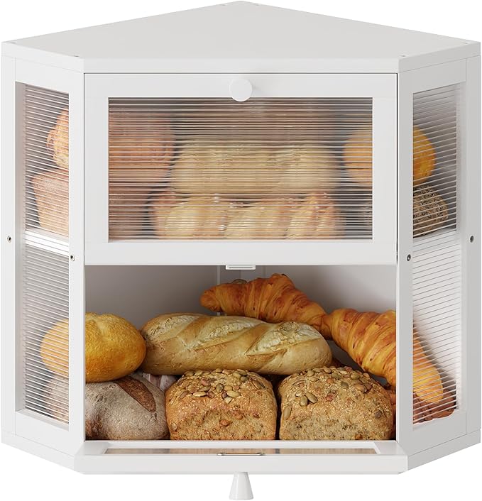 WOWLIVE Corner Bread Box for Kitchen Countertop, Double Layer Bamboo Bread Storage Container, Large Farmhouse Bread box with Acrylic Wavy Door Panel, Under Cabinet Organizer (White, Medium)