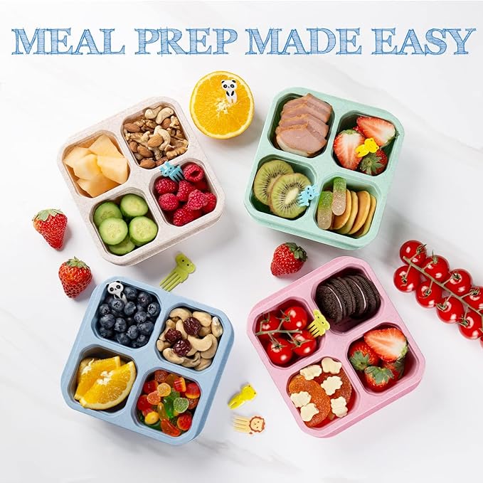 4 Pack Bento Box, 4 Compartment Lunchable Snack Containers with Lids for Meal Prep, School, Travel, Reusable Divided Lunch Food Container for Adults, Kids, Toddlers