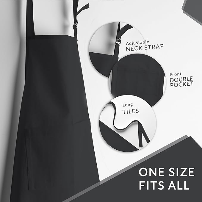 CALICOT Apron for women with Pocket 100% Cotton 27.50"x31.50" 2 Pieces Adjustable Neck Strap & long ties Apron Men, Chef, Wedding, Cooking, Gardening, Server, Waitress (Black)