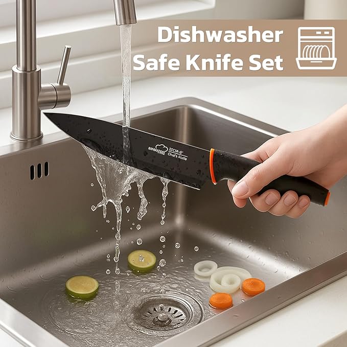 Amorston Knife Set, 22-Piece Kitchen Knife Set with Acrylic Block, Dishwasher Safe with Sharpener, High Carbon Stainless Steel, Anti-slip Ergonomic Handle, Black