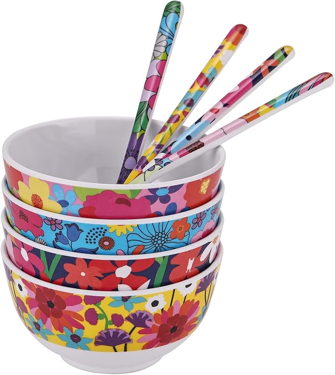 French Bull Melamine Mini Bowls, 4-Piece Set, 10 Fluid Ounces, Small Serving Bowl – Snack Condiment Dipping Sauce Dessert Ice Cream– Shatter Proof, BPA Free, 4.5” x 2.35", Garden Floral
