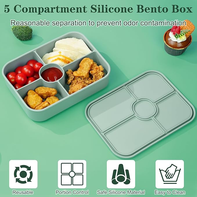 4 Compartment Lunch Box with Sauce Compartment, Leakproof Silicone Bento Box Adult, BPA-Free, 45oz Reusable Meal Prep Lunch Containers, Microwave and Dishwasher Safe