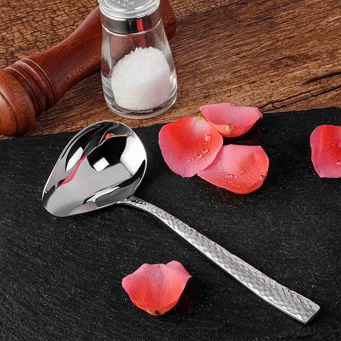 KEAWELL Louis Hammered 18/10 Stainless Steel Sauce Ladle With Pouring Spout, Great small sauce spoon for gravies and dressings, 7.4 Inch, Dishwasher Safe (2)