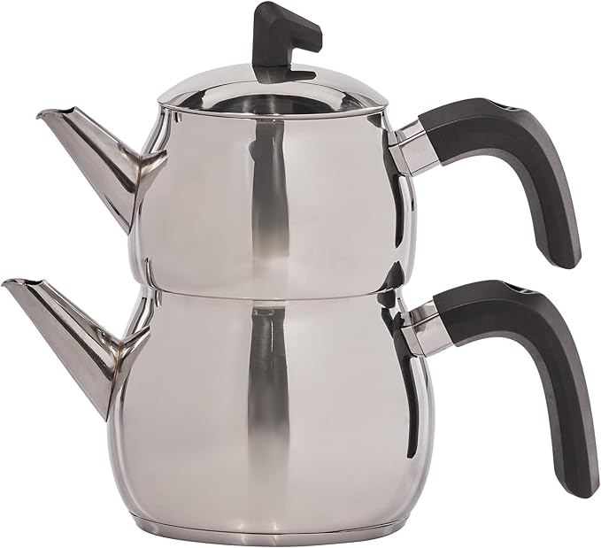 Karaca Belinay Teapot Set Silver Black, 18/10 Stainless Steel, Teapot/Lid (1 lt, 2.20 lb), Tea Kettle (1.6 lt, 3.5 lb), Suitable for Induction