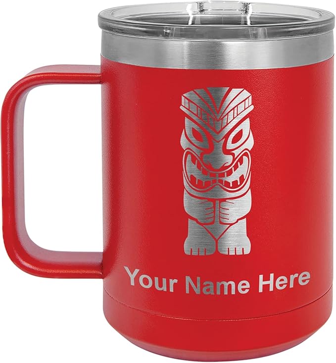 LaserGram 15oz Vacuum Insulated Coffee Mug, Tiki Statue, Personalized Engraving Included (Red)