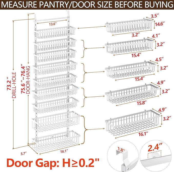 9 Tier Over The Door Pantry Organizer, 2 in 1 Wall Mount or Hanging Spice Rack with Adjustable Basket, Seasoning Organizer and Storage for Kitchen Cabinet Closet Bathroom