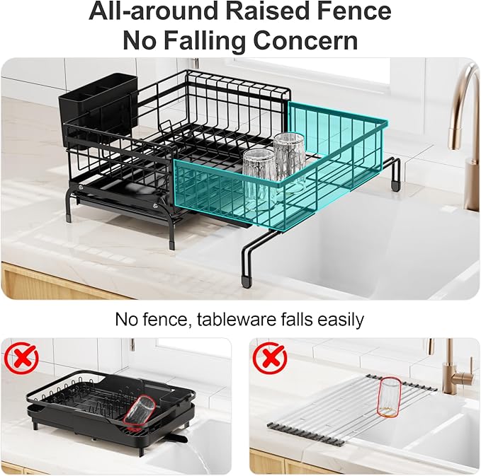 GSlife Expandable Dish Drying Rack - Small 2-in-1 Dish Racks for Kitchen Counter and Sink, Compact Dish Rack with 2 Pan Slot & High Raised Edges for RV and Apartment, 18.7"-11.4" L x 15.6" W, Black