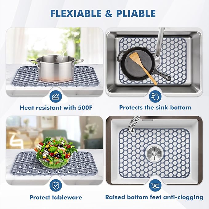 Silicone Sink Protectors for Kitchen Sink with Center Drain - 18.2"x12.5" Kitchen Sink Mats Accessory, Non-Slip Heat Resistant Sink Mat for Bottom of Farmhouse Porcelain Stainless Steel Sink