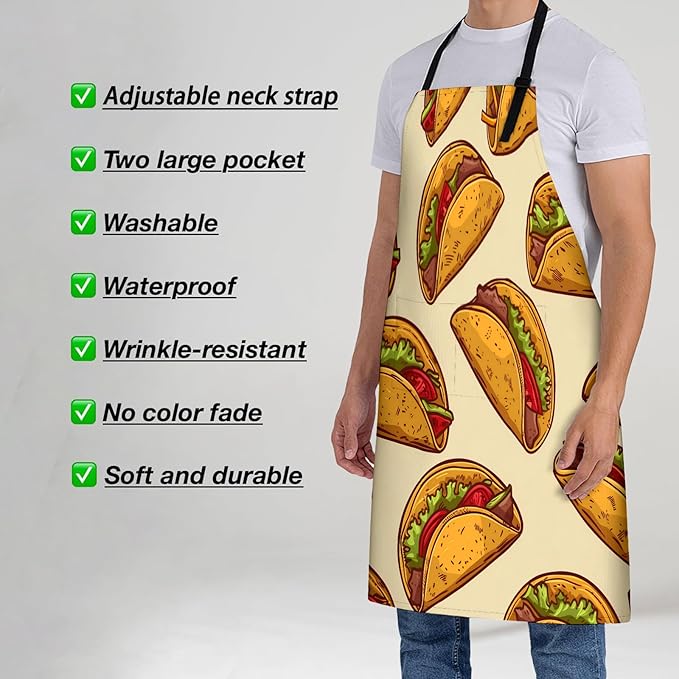 Taco Apron for Women, 28x33in, Kitchen Chef Aprons with 2 Pockets, Polyester, Colorful Tacos Apron for Cooking BBQ Baking Gardening Chef, Gifts for Mom Wife Dad