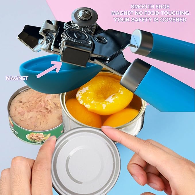 Manual Can Opener for Seniors – Smooth Edge, Easy-Turn Knob, Magnetic Lid Lifter, Heavy-Duty Carbon Steel Blade, Ergonomic Comfort Grip – Blue