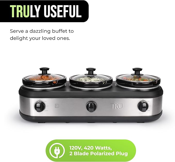 TRU Triple Buffet Server - Three 2.5 Quart Removable Crock Inserts - Slow Cooker & Food Warmer with Individual Heat Control - Includes Lid Rests & Serving Spoons