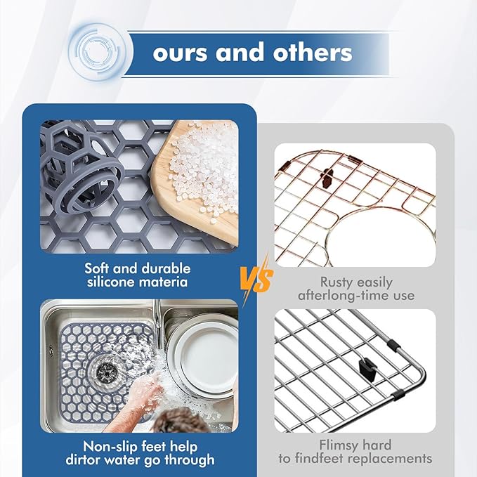 Silicone Sink Protectors for Kitchen Sink - 12" x 11" Kitchen Sink with Center Drain Grid Accessory, Non-Slip Heat-Resistant Mat for Bottom of Porcelain Stainless Steel, Dishwasher Safe