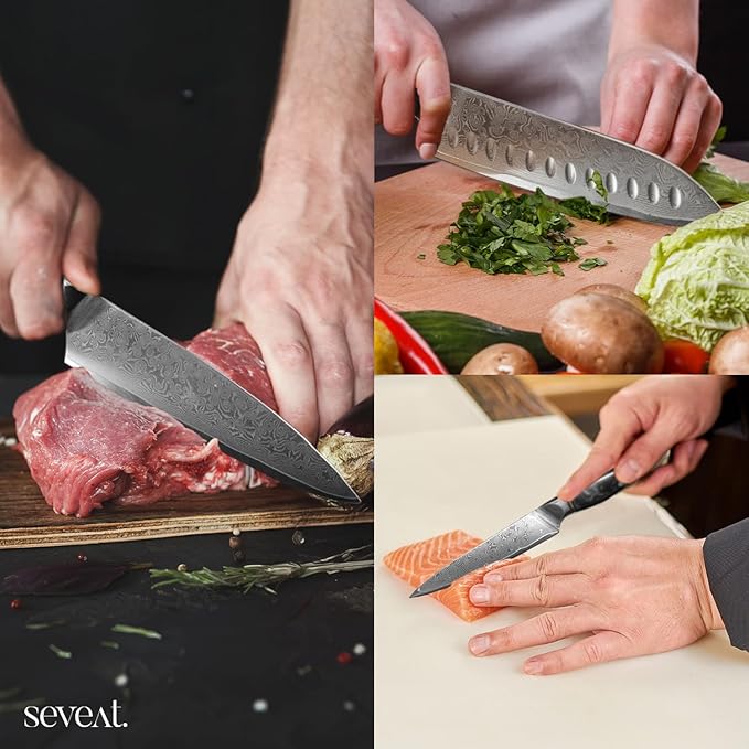 Damascus Kitchen Knife Set, 67-Layer Damascus Steel, 3-Piece Professional Set: 13” Chef, 12.3” Santoku & 9.8” Utility Knife, Ergonomic Wood & Resin Handle, Ideal for Gifting (Black, 3 pieces)