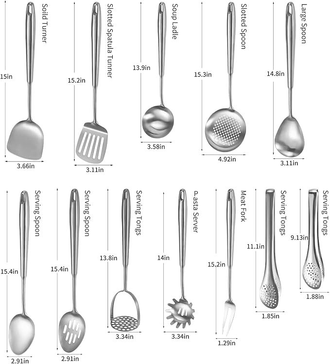 304 Stainlss Steel Kitchen Utensils Set, 12 Pcs Long Metal Cooking Utensil Gadgets Tools Set with Spatula, Ladle, Spoon, Ladle, Skimmer, Tunner, Pasta Server, Tongs(Silver, Dishwasher Safe)