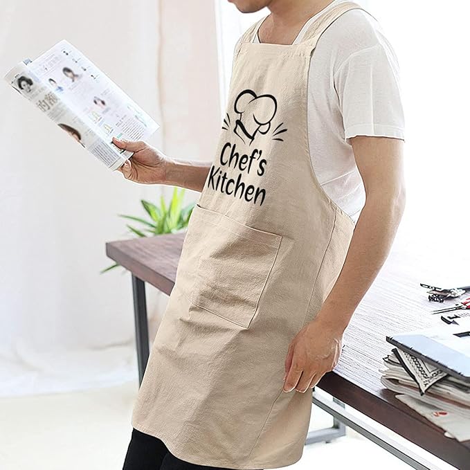 Cotton Linen Apron Non-tie Cross Back Kitchen Apron with Pockets Soft Comfortable Durable for Cooking Baking Gardening (Khaki,Chef's Kitchen)