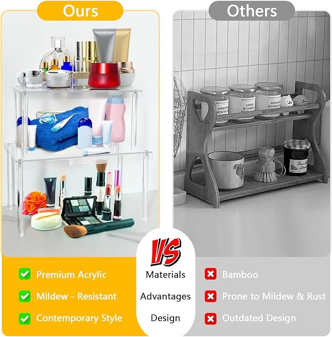 Spice Organization for Cabinet, 2 Pack Stackable Acrylic Shelf Set, Versatile Spice Rack Organizer for Kitchen Pantry, Countertop, Bathroom, Office, Apartment, Ideal for Small Spaces and Gift Giving
