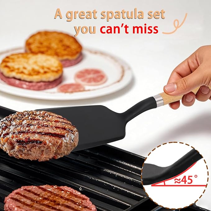 Silicone Spatula Turner, Heat Resistant Pancake Flipper Spatulas for Nonstick Cookware, Cooking Utensils with Wood Handle for Serving, Baking, Frying, Egg, Fish and Burger (2, Black)
