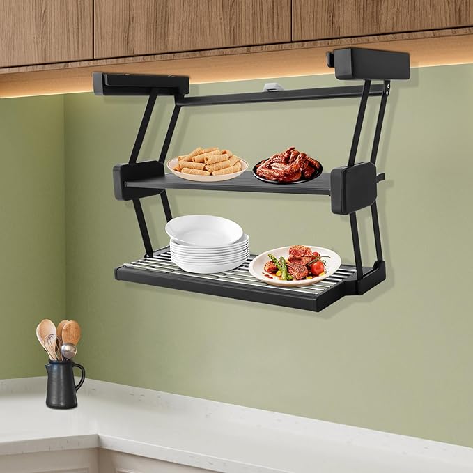 2-Tier Pull-down Kitchen Spice Rack, Spice Drawer Organizer Shelf for Small Space, Height Adjustable Heavy Duty Metal Basket, for kitchens, bedrooms, balconies, offices