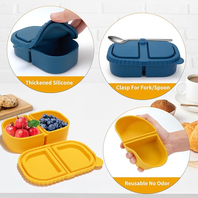 4 Pack 8.5oz 2-Compartment Snack Containers, Kids Snack Container with Leakproof Lids, Small Silicone Bento Box & Fruit Containers for Lunchbox, School, Travel, and Meal Prep