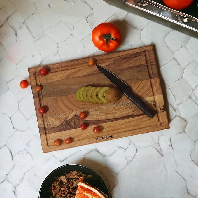 Vesta Homes Wooden Edge Grain Cutting Board/Chopping, Serving Board/Block for Vegetables, Fruits, Cheese and Charcuterie | Natural Acacia Wood | 15 * 10 * 1 Inches | Handcrafted in India