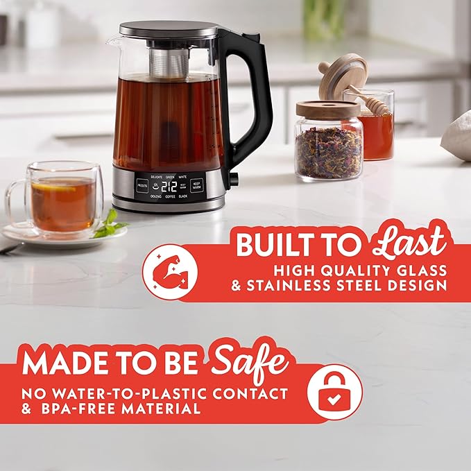 Gourmia Programmable Digital Glass Kettle – 1.7L Adjustable Temperature Electric Kettle with 6 Presets, Keep Warm, Stainless Steel Tea Infuser, 360° Swivel Base, Black
