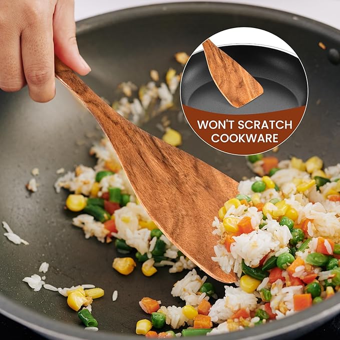 6x Wooden Spoons for Cooking Kitchen Utensil Set Smooth Finish Wooden Cooking Utensils Spoons Filter Spoon and Salad Fork Accessories+1x Kitchen Hooks for Hanging Utensils Rack