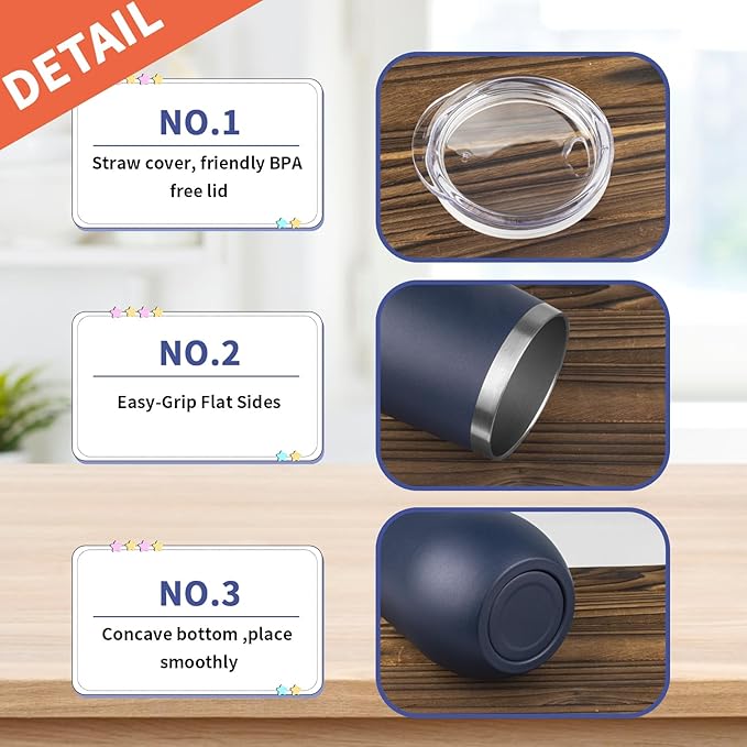 StarSpeed 12oz/8 Pack Wine Tumbler with lid, Stainless Steel Travel Mugs Stemless Double Wall Insulated Coffee Cup, Insulated Wine Glasses Travel Tumbler for Cold & Hot Drinks(Navy Blue, 8)