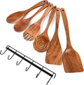 6x Wooden Spoons for Cooking Kitchen Utensil Set Smooth Finish Wooden Cooking Utensils Spoons Filter Spoon and Salad Fork Accessories+1x Kitchen Hooks for Hanging Utensils Rack