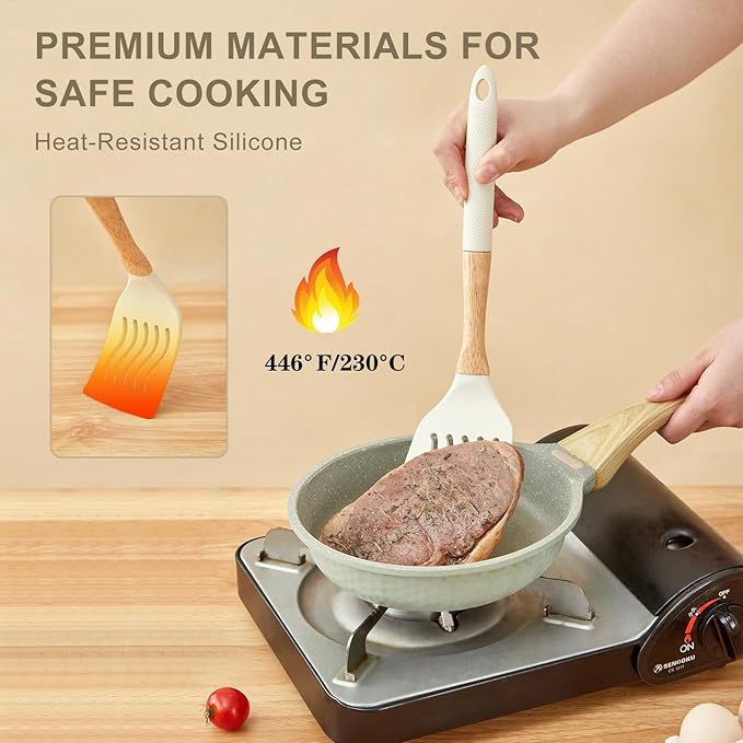 Kitchen Utensils Set - 7 PCS Non-Stick Silicone Cooking Utensils Set with Wooden Handle,Kitchen Gadgets Tools Set for Nonstick Cookware (Cream White-7Max)