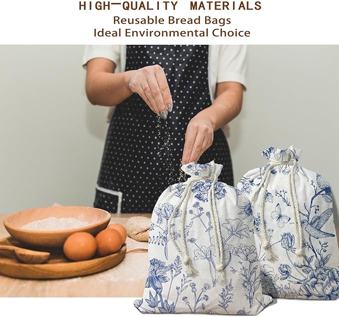 UTELKA Blue Linen Bread Bag for Sourdough Bread 2Pcs, Chinoiserie Reusable Beeswax Homemade Bread Bags for Baker Mom Women Kitchen Housewarming Gifts, Cloth String Storage Bread Box 16.5x12