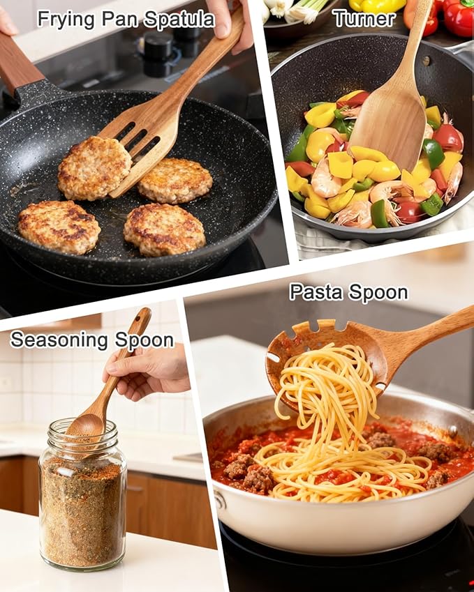 Handcrafted Acacia Wood Kitchen Utensil Set, 10-PCS Natural Brown Cooking Spoons and Slotted Spatulas, Premium Wooden Serving Tools for Kitchen (10Spoon)