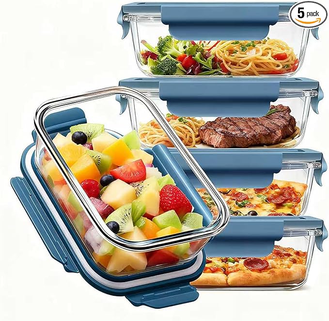 Glass Food Storage Containers 5 Pack,Three Sizes Glass Meal Prep Containers with Snap Lock Leakproof Lids,Lunch Box for Microwave,Freezer,Oven and Dishwasher