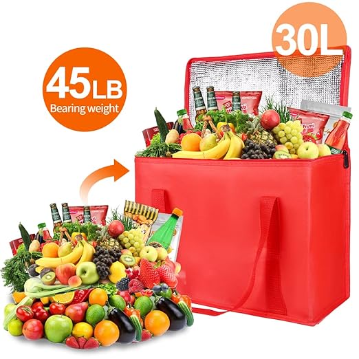 Bodaon 4-Pack Insulated Reusable Grocery Bag with Zippered Top, X-Large Cooler Bag for Picnic, Food Delivery Bags, Insulated Pizza Delivery Bags, Red