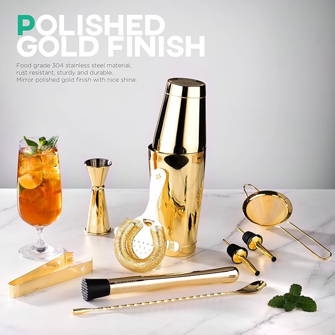 Homestia Boston Cocktail Shaker Set, 18 oz & 28 oz Stainless Steel Weighted Shaker Tins, Metal Martini Shaker Drink Mixer for Bartending, Professional Bar Tools for Bartender (Gold)