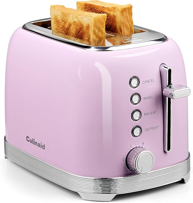 Toaster 2 Slice Retro Stainless Steel with 1.5” Extra Wide Slots Bagel, Defrost, Reheat, Cancel Functions, 6 Bread Shade Settings, Removable Crumb Tray, Pastel Pink