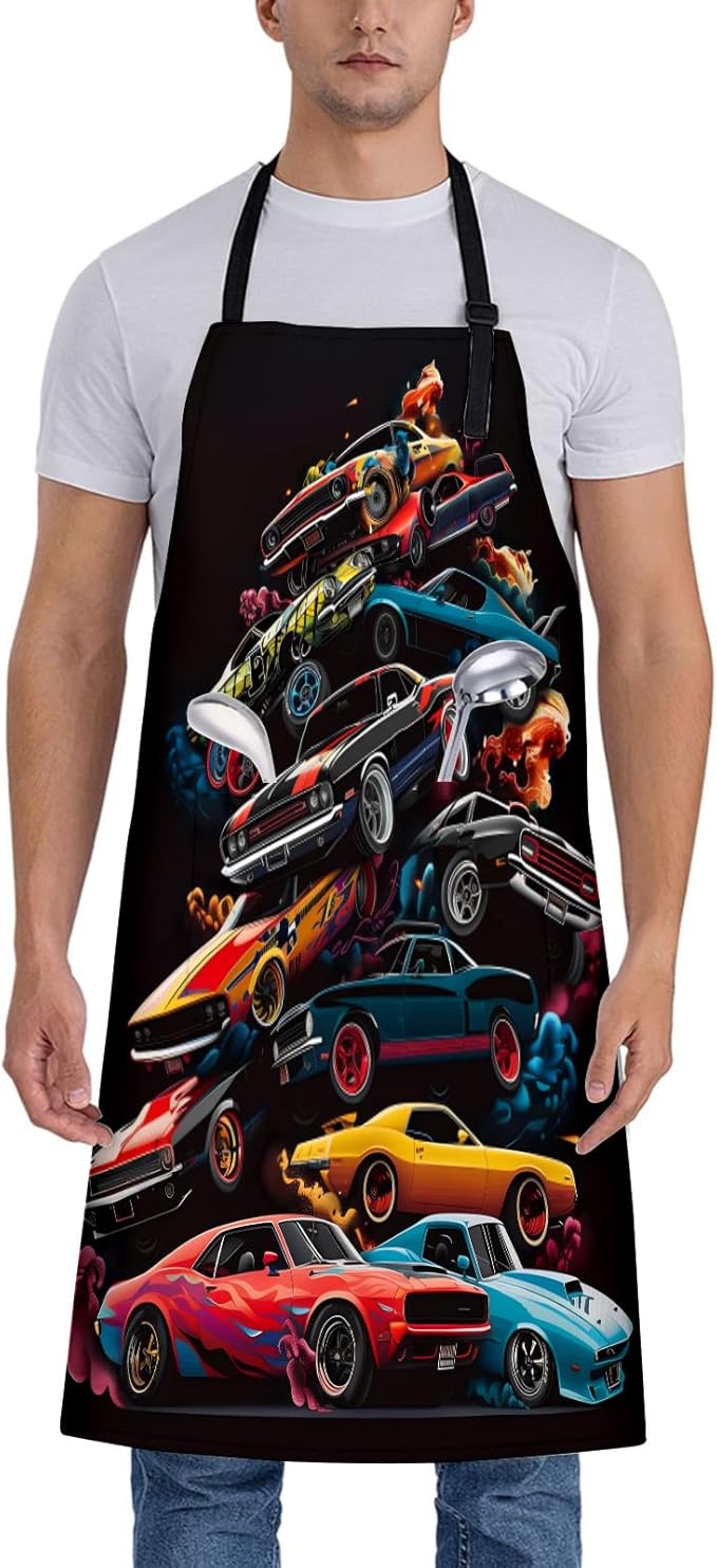 Muscle Cars Apron for Women, 28x33in, Kitchen Chef Aprons with 2 Pockets, Polyester, Black Vintage Sports Car Apron for Cooking BBQ Baking Gardening Chef, Gifts for Mom Wife Dad