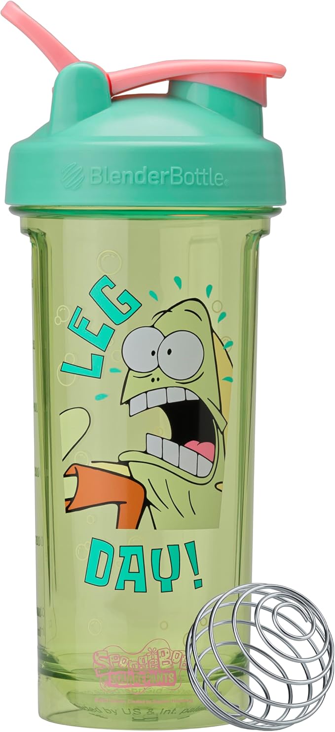 BlenderBottle Spongebob Shaker Bottle Pro Series Perfect for Protein Shakes and Pre Workout, 28-Ounce, Blue/Green, Leg day!