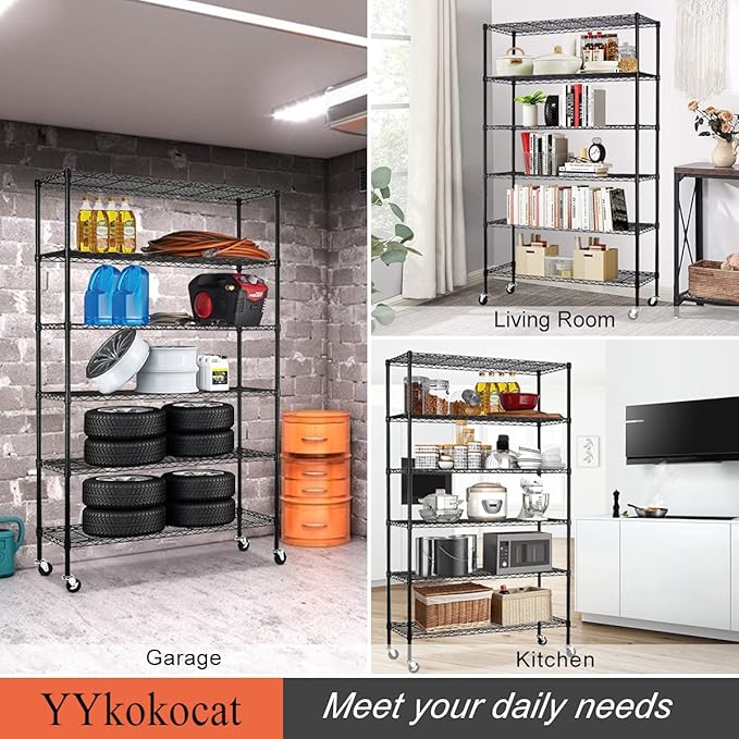 6-Tier Storage Shelves 48" x 18" x 82" Heavy Duty Metal Shelving Unit 2100Lb Capacity Adjustable Storage Racks with Wheels NSF Garage Wire Shelf for Basement Commercial, Black