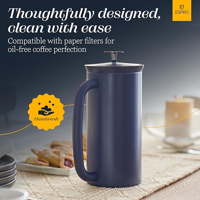 ESPRO P7 French Press Stainless Steel 304 – Patented Double Walled Micro-Filter Insulated French Press Coffee Maker, Grit-Free Brew - Heat Resistant BPA Free - Agean Blue (18oz)
