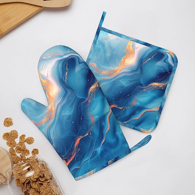 Oven Mitts and Pot Holders Blue Gold Marble Silicone Kitchen Accessories Set of 4 Heat Resistant Long Gloves Potholder Non-Slip Grip for Chef Cooking Baking Grilling BBQ