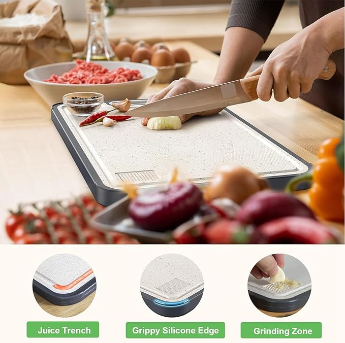 Titanium Cutting Board for Kitchen, Double Sided Non Toxic Titanium Cutting Board with JUICE GROOVE, Titanium&Wheat Straw PP, Easy to Clean, Kitchen Gifts15”×10”-1 PC