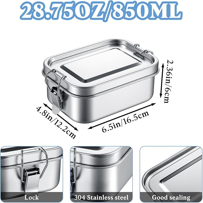 28oz Bento Box, Stainless Steel 850ml Portable Lunch Box, Leak Proof Lockable Food Snack Container with Lids and Handle, Reusable Dishwasher Metal Boxes for Lunch Prep Travel Outdoor Camping