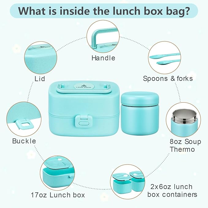 Bento Lunch Box for Kids with 8oz Soup Thermo,2 Leak-Proof Food Containers, a Lunch Bag, Kids Thermo Insulated Hot Food Jar for School, Travel-Green