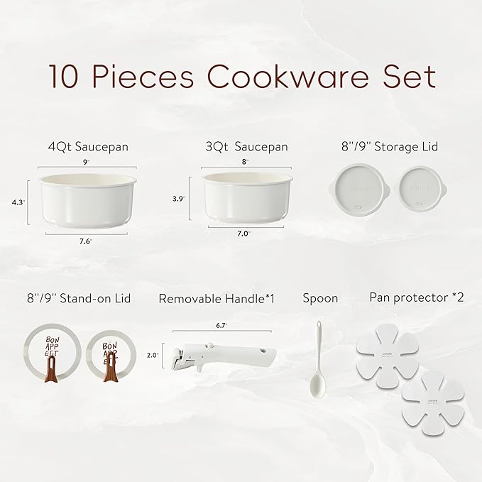 CAROTE Ceramic Sauce Pan Sets with Stand-Up Lid 3QT & 4QT, 10 Piece NonStick Kitchen Cookware Sets with Detachable Handle, Non Toxic Cooking Pot, Oven Safe, Induction Ready, Cream White