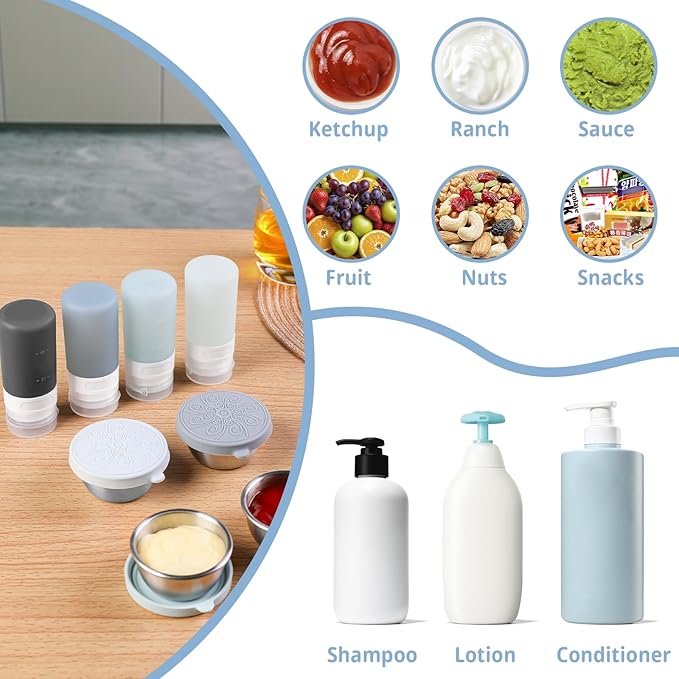 8-Pack Salad Dressing Container To Go, 2-oz Silicone Small Condiment Squeeze Bottles and 1.6 oz Stainless Steel Sauce Containers Cups, Leakproof Condiment Containers with Lids for Lunch Box