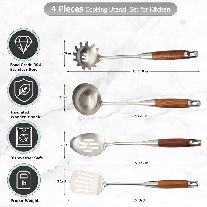 Cooking Utensil Set - 304 Stainless Steel Kitchen Utensils Sets with Wood Handle Cookware Set Utensils kitchen tool set Dishwasher Safe- Slotted Spatula, Pasta, Spoon, Soup Ladle Set 4pc