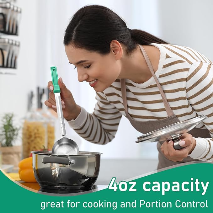 2 Pcs Portion Control Serving Spoons, Restaurant Measuring Serving Ladle Utensils, Portion Spoons for Weight Loss, Kitchen(Green,4 oz,Solid)