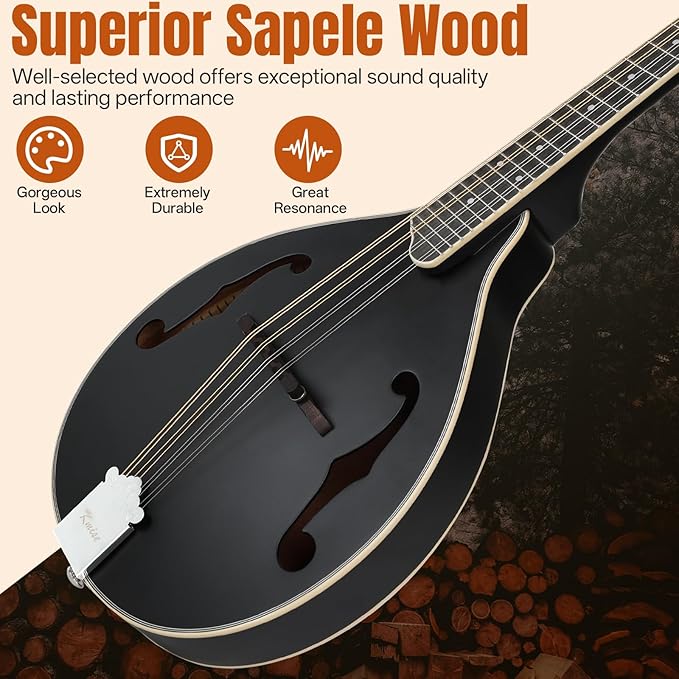 Mandolin Instrument A Style, Acoustic Mandolins Instrument Kit 8 String with Tuner Strap Gig Bag Chord Chart for Professional Beginners Adults Teens Youth Kid(A Style Acoustic Black, 8 String)