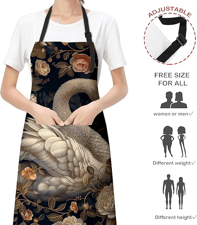 Pretty Swan Apron for Women, Cooking BBQ Chef Polyester Lightweight Graceful Swan and Vintage Floral Aprons with Pockets for Baking Kitchen Gardening Cleaning, Adjustable Neck Strap, 28×33inch